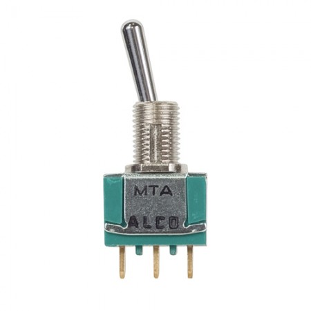 TOGGLE SWITCH/SPDT (single pole double throw), ON-OFF-ON, hole mount, terminal seal, gold flash over silver plating, green. 1-1437558-2