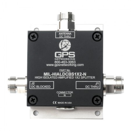 MIL-SPEC SPLITTER/Ruggedized mil-spec networked GPS splitter, 2 outputs, amplified, high, isolation, power military DC with surge, suppression, - T/5/MC MIL-NHIALDCBS1X2-T/5/MC