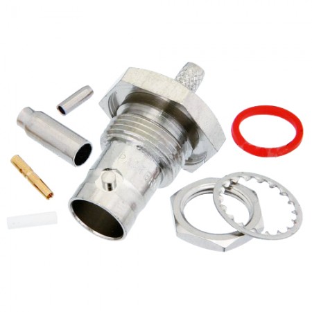 BNC Female Bulkhead Mount Connector Crimp/Solder, 75 Ohm, .480 D mounting hole. For use with RG179, RG187. PE4640 BNC Female Bulkhead Mount Connector Crimp/Solder, 75 Ohm, .480 D mounting hole. For use with RG179, RG187. PE4640