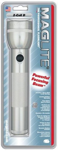 Mag-Lite Flashlight Hang Pack/Silver, 2 D-cell batteries, equipped with two gas lamps.