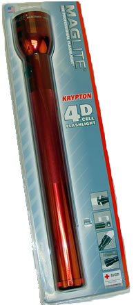 Mag-Lite Flashlight Hang Pack/Red, 4 D-cell batteries, equipped with two gas lamps.