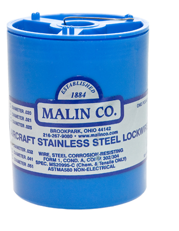 Safety Wire/1 lb can, Diameter: .032, Type 302, 304, stainless steel, Mil-Spec: MS20995C. 34-0320-1BLC