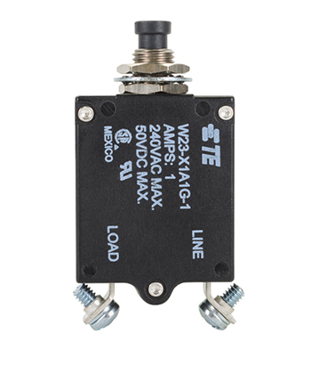 W23X1A1G-1 Circuit Breaker/1 Amp, AC: 240V, DC: 50V, 50 Vdc, panel mount, 1 pole, push button actuator, black, screw termination. Height: 35.15 mm Length: 40.64 mm, Width: 17.53 mm 6-1393246-4