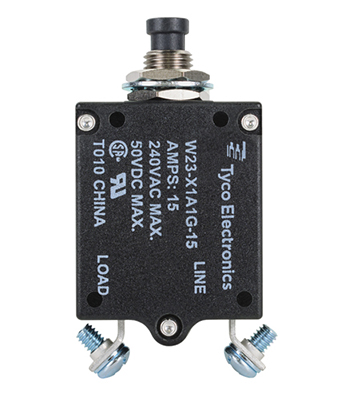 W23-X1A1G-15/15 Amp Circuit Breaker/Ac: 240V, DC: 50V, 50 Vdc, panel mount, 1 pole, push button actuator, black, screw termination. Height: 35.15 mm Length: 40.64 mm Width: 17.53 mm 6-1393246-6