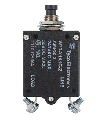 W23X1A1G-2 Circuit Breaker/2 Amp, AC: 240V, DC: 50V, 50 Vdc, panel mount, 1 pole, push button actuator, black, screw termination. Height: 35.15 mm Length: 40.64 mm Width: 17.53 mm 6-1393246-7