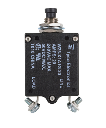 W23-X1A1G-20 Circuit Breaker/20 Amp, AC: 240V, DC: 50V, 50 Vdc, panel mount, 1 pole, push button actuator, black, screw termination. Height: 35.15 mm Length: 40.64 mm Width: 17.53 mm 6-1393246-8
