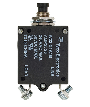 W23X1A1G-25 Circuit Breaker/25 Amp, AC: 240V, DC: 50V, 50 Vdc, panel mount, 1 pole, push button actuator, black, screw termination. Height: 35.15 mm Length: 40.64 mm Width: 17.53 mm 6-1393246-9