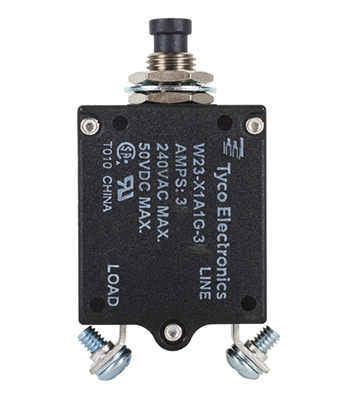 W23X1A1G-3 Circuit Breaker/3 Amp, AC: 240V, DC: 50V, 50 Vdc, panel mount, 1 pole, push button termination, black, screw termination. Height: 35.15 mm Length: 40.64 mm Width: 17.53 mm  7-1393246-0