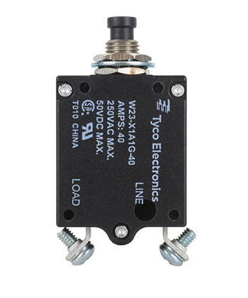 W23-X1A1G-40 Circuit Breaker/40 Amp, AC: 240V, DC: 50V, 50 Vdc, panel mount, 1 pole, push button actuator, black, screw termination. Height: 35.15 mm Length: 40.64 mm Width: 17.53 mm 7-1393246-4