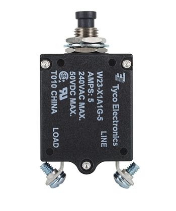 W23X1A1G-5 Circuit Breaker/5 Amp, AC: 240V, DC: 50V, 50 Vdc, panel mount, 1 pole, push button actuator, black, screw termination. Height: 35.15 mm Length: 40.64 mm Width: 17.53 mm 7-1393246-5