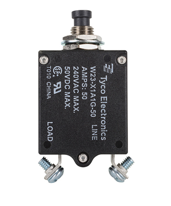 W23-X1A1G-50 Circuit Breaker/50 Amp, AC: 240V, DC: 50V, 50 Vdc, panel mount, 1 pole, push button actuator, black, screw termination. Height: 35.15 mm Length: 40.64 mm Width: 17.53 mm W23-X1A1G-50