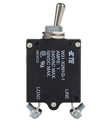 W31-X2M1G-1 Circuit Breaker/1 Amp, AC: 240V, DC: 50V, 50 Vdc, panel mount, 1 pole, toggle actuator, silver, screw termination. Height: 35.15 mm Length: 40.64 mm Width: 17.53 mm 3-1393247-1