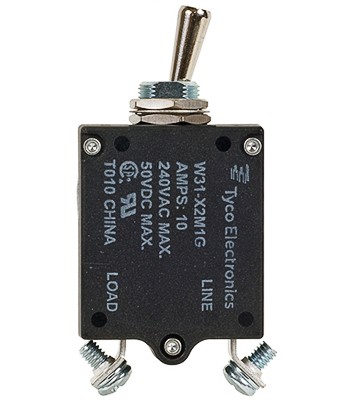 W31X2M1G-10 Circuit Breaker/10 Amp, AC: 240V, DC: 50V, 50 Vdc, panel mount, 1 pole, toggle actuator, silver, screw termination. Height: 35.15 mm Length: 40.64 mm Width: 17.53 mm 3-1393247-2