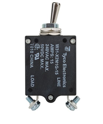 W31X2M1G-15 Circuit Breaker/15 Amp, AC: 240V, DC: 50V, 50 Vdc, panel mount, 1 pole, toggle actuator, silver, screw termination. Height: 35.15 mm Length: 40.64 mm Width: 17.53 mm 3-1393247-3