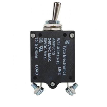 W31X2M1G-15 CIRCUIT BREAKER/15 AMP, AC: 240V, DC: 50V, 50 VDC, panel mount, 1 pole, toggle actuator, silver, screw termination. Height: 35.15 mm Length: 40.64 mm Width: 17.53 mm 3-1393247-3