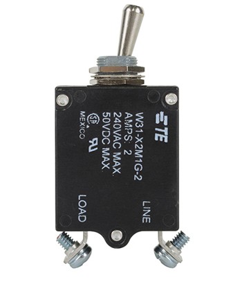W31X2M1G-2 Circuit Breaker/2 Amp, AC: 240V, DC: 50V, 50 Vdc, panel mount, 1 pole, toggle actuator, silver, screw termination. Height: 35.15 mm Length: 40.64 mm Width: 17.53 mm 3-1393247-4