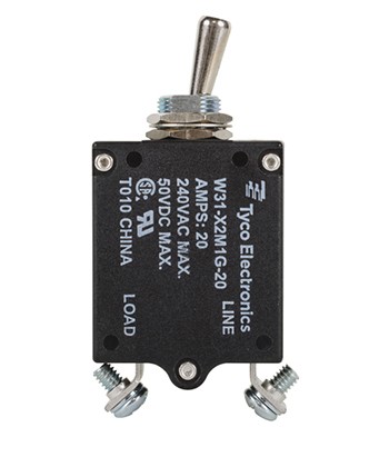 W31X2M1G-20 Circuit Breaker/20 Amp, AC: 240V, DC: 50V, 50 Vdc, panel mount, 1 pole, toggle actuator, silver, screw termination. Height: 35.15 mm Length: 40.64 mm Width: 17.53 mm 3-1393247-5