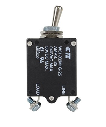 W31X2M1G-25 Circuit Breaker/25 Amp, AC: 240V, DC: 50V, 50 Vdc, panel mount, 1 pole, toggle actuator, silver, screw termination. Height: 35.15 mm Length: 40.64 mm Width: 17.53 mm 3-1393247-6