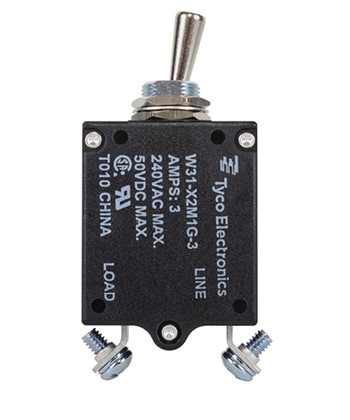 W31X2M1G-3 Circuit Breaker/3 Amp, AC: 240V, DC: 50V, 50 Vdc, panel mount, 1 pole, toggle actuator, silver, screw termination. Height: 35.15 mm Length: 40.64 mm Width: 17.53 mm 3-1393247-7