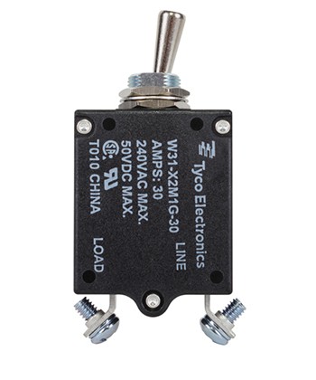 W31X2M1G-30 Circuit Breaker/30 Amp, AC: 240V, DC: 50V, 50 Vdc, panel mount, 1 pole, toggle actuator, silver, screw termination. Height: 35.15 mm Length: 40.64 mm Width: 17.53 mm 3-1393247-8