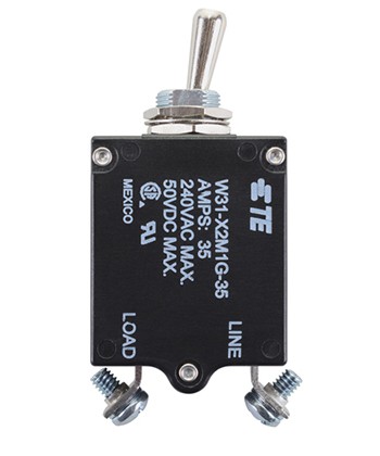 W31X2M1G-35 Circuit Breaker/35 Amp, AC: 240V, DC: 50V, 50 Vdc, panel mount, 1 pole, toggle actuator, silver, screw termination. Height: 35.15 mm Length: 40.64 mm Width: 17.53 mm 3-1393247-9