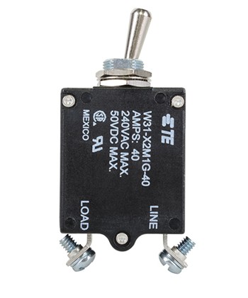 W31X2M1G-40 Circuit Breaker/40 Amp, AC: 240V, DC: 50V, 50 Vdc, panel mount, 1 pole, toggle actuator, silver, screw termination. Height: 35.15 mm Length: 40.64 mm Width: 17.53 mm 4-1393247-1