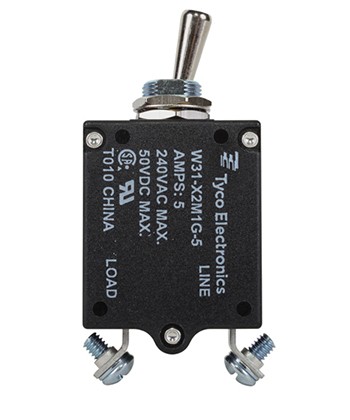 W31X2M1G-5/5 Amp Circuit Breaker/5 Amp, AC: 240V, DC: 50V, 50 Vdc, panel mount, 1 pole, toggle actuator, silver, screw termination. Height: 35.15 mm Length: 40.64 mm Width: 17.53 mm 4-1393247-2