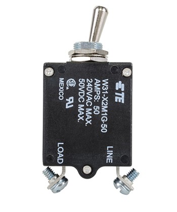 W31X2M1G-50 Circuit Breaker/50 Amp, AC: 240V, DC: 50V, 50 Vdc, panel mount, 1 pole, toggle actuator, silver, screw termination. Height: 35.15 mm Length: 40.64 mm Width: 17.53 mm 4-1393247-3