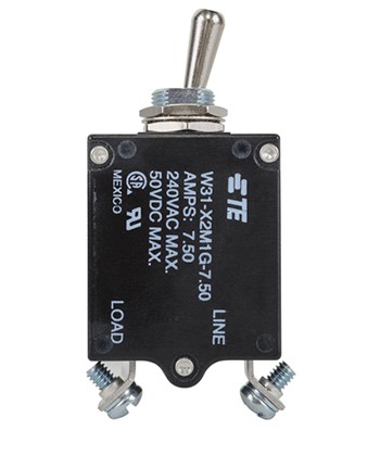 W31X2M1G-7.5 Circuit Breaker/7.5 Amp, AC: 240V, DC: 50V, 50 Vdc, panel mount, 1 pole, toggle actuator, silver, screw termination. Height: 35.15 mm Length: 40.64 mm Width: 17.53 mm 4-1393247-4