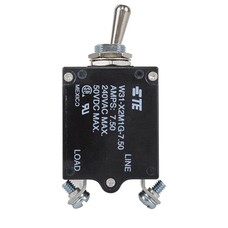 W31X2M1G-7.5 Circuit Breaker/7.5 Amp, AC: 240V, DC: 50V, 50 Vdc, panel mount, 1 pole, toggle actuator, silver, screw termination. Height: 35.15 mm Length: 40.64 mm Width: 17.53 mm 4-1393247-4
