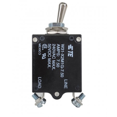W31X2M1G-7.5 CIRCUIT BREAKER/7.5 AMP, AC: 240V, DC: 50V, 50 VDC, panel mount, 1 pole, toggle actuator, silver, screw termination. Height: 35.15 mm Length: 40.64 mm Width: 17.53 mm 4-1393247-4