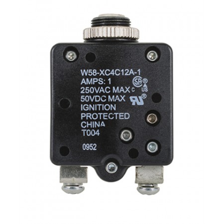 W58XC4C12A-1 CIRCUIT BREAKER/1 AMP, AC: 250V, DC: 50V, 250 VAC, panel mount, 1 pole, push button actuator, screw termination. Height: 34.93 mm Length: 34.93 mm Width: 16.76 mm 3-1393249-9