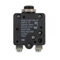 W58XC4C12A-10 CIRCUIT BREAKER/10 AMP, AC: 250V, DC: 50V, 250 VAC, panel mount, 1 pole, push button actuator, white, screw termination. Height: 34.93 mm Length: 34.93 mm Width: 16.76 mm 4-1393249-0