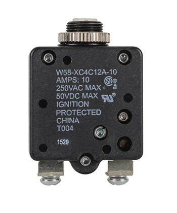 W58XC4C12A-10 Circuit Breaker/10 Amp, AC: 250V, DC: 50V, 250 Vac, panel mount, 1 pole, push button actuator, white, screw termination. Height: 34.93 mm Length: 34.93 mm Width: 16.76 mm 4-1393249-0