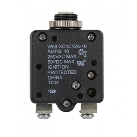 W58XC4C12A-10 CIRCUIT BREAKER/10 AMP, AC: 250V, DC: 50V, 250 VAC, panel mount, 1 pole, push button actuator, white, screw termination. Height: 34.93 mm Length: 34.93 mm Width: 16.76 mm 4-1393249-0