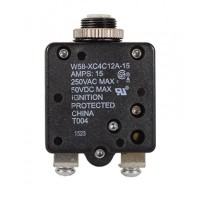 W58XC4C12A-15 CIRCUIT BREAKER/15 AMP, AC: 250V, DC: 50V, 250 VAC, panel mount, 1 pole, push button actuator, white, screw termination. Height: 34.93 mm Length: 34.93 mm Width: 16.76 mm 4-1393249-1