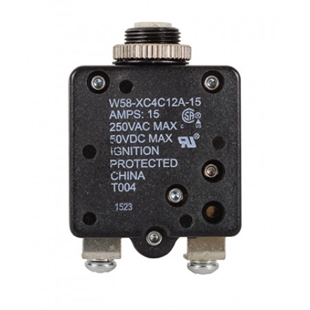 W58XC4C12A-15 CIRCUIT BREAKER/15 AMP, AC: 250V, DC: 50V, 250 VAC, panel mount, 1 pole, push button actuator, white, screw termination. Height: 34.93 mm Length: 34.93 mm Width: 16.76 mm 4-1393249-1