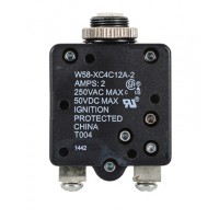 W58XC4C12A-2 CIRCUIT BREAKER/2 AMP, AC: 250V, DC: 50V, 250 VAC, panel mount, 1 pole, push button actuator, white, screw termination. Height: 34.93 mm Length: 34.93 mm Width: 16.76 mm 4-1393249-2