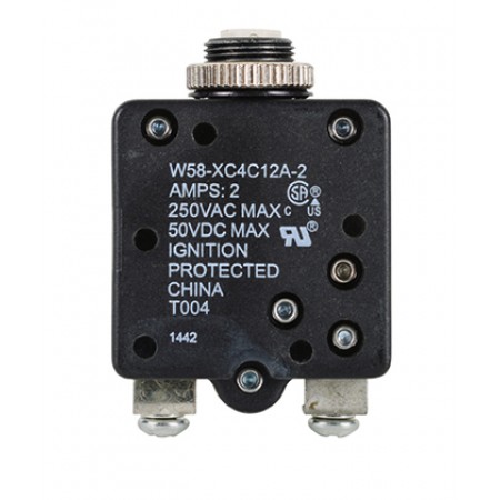 W58XC4C12A-2 CIRCUIT BREAKER/2 AMP, AC: 250V, DC: 50V, 250 VAC, panel mount, 1 pole, push button actuator, white, screw termination. Height: 34.93 mm Length: 34.93 mm Width: 16.76 mm 4-1393249-2