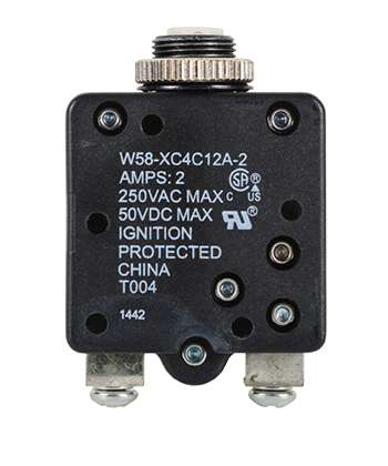 W58XC4C12A-2 Circuit Breaker/2 Amp, AC: 250V, DC: 50V, 250 Vac, panel mount, 1 pole, push button actuator, white, screw termination. Height: 34.93 mm Length: 34.93 mm Width: 16.76 mm 4-1393249-2