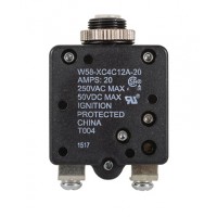 W58XC4C12A-20 CIRCUIT BREAKER/20 AMP, AC: 250V, DC: 50V, 250 VAC, panel mount, 1 pole, push button actuator, white, screw termination. Height: 34.93 mm Length: 34.93 mm Width: 16.76 mm 4-1393249-3