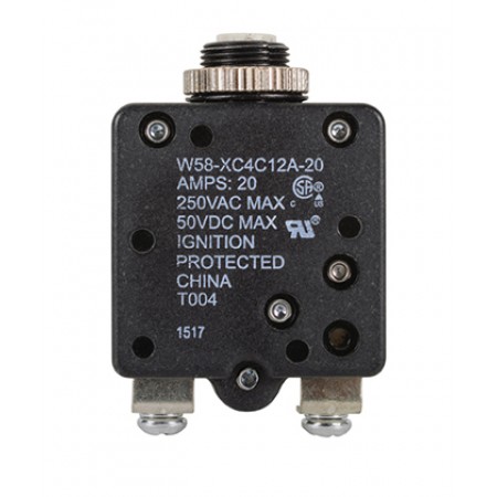 W58XC4C12A-20 CIRCUIT BREAKER/20 AMP, AC: 250V, DC: 50V, 250 VAC, panel mount, 1 pole, push button actuator, white, screw termination. Height: 34.93 mm Length: 34.93 mm Width: 16.76 mm 4-1393249-3