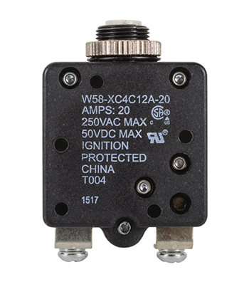 W58XC4C12A-20 Circuit Breaker/20 Amp, AC: 250V, DC: 50V, 250 Vac, panel mount, 1 pole, push button actuator, white, screw termination. Height: 34.93 mm Length: 34.93 mm Width: 16.76 mm 4-1393249-3