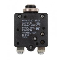 W58XC4C12A-25 CIRCUIT BREAKER/25 AMP, AC: 250V, DC: 50V, 250 VAC, panel mount, 1 pole, push button actuator, white, screw termination. Height: 34.93 mm Length: 34.93 mm Width: 16.76 mm 4-1393249-4