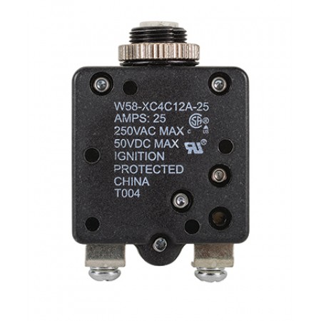 W58XC4C12A-25 CIRCUIT BREAKER/25 AMP, AC: 250V, DC: 50V, 250 VAC, panel mount, 1 pole, push button actuator, white, screw termination. Height: 34.93 mm Length: 34.93 mm Width: 16.76 mm 4-1393249-4