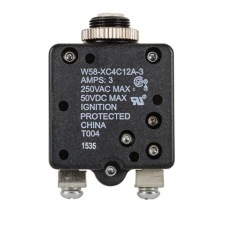 W58XC4C12A-3 CIRCUIT BREAKER/ 3 AMP, AC: 250 V, DC: 50V, 250 VAC, panel mount, 1 pole, push button actuator, white, screw termination. Height: 34.93 mm Length: 34.93 mm Width: 16.76 mm 4-1393249-5