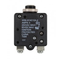 W58XC4C12A-4 CIRCUIT BREAKER/4 AMP, AC: 250V, DC: 50V, 250 VAC, panel mount, 1 pole, push button actuator, white, screw termination. Height: 34.93 mm Length: 34.93 mm Width: 16.76 mm 4-1393249-8