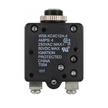 W58XC4C12A-4 CIRCUIT BREAKER/4 AMP, AC: 250V, DC: 50V, 250 VAC, panel mount, 1 pole, push button actuator, white, screw termination. Height: 34.93 mm Length: 34.93 mm Width: 16.76 mm 4-1393249-8