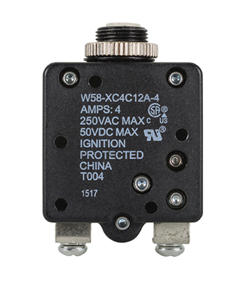 W58XC4C12A-4 Circuit Breaker/4 Amp, AC: 250V, DC: 50V, 250 Vac, panel mount, 1 pole, push button actuator, white, screw termination. Height: 34.93 mm Length: 34.93 mm Width: 16.76 mm 4-1393249-8