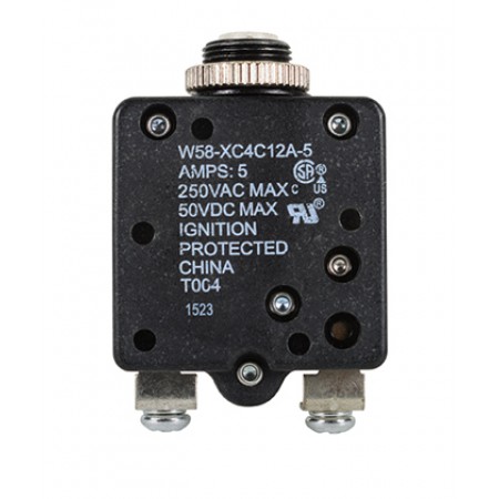 W58XC4C12A-5 CIRCUIT BREAKER/5 AMP, AC: 250V, DC: 50V, 250 VAC, panel mount, 1 pole, push button actuator, white, screw termination. Height: 34.93 mm Length: 34.93 mm Width: 16.76 mm 4-1393249-9